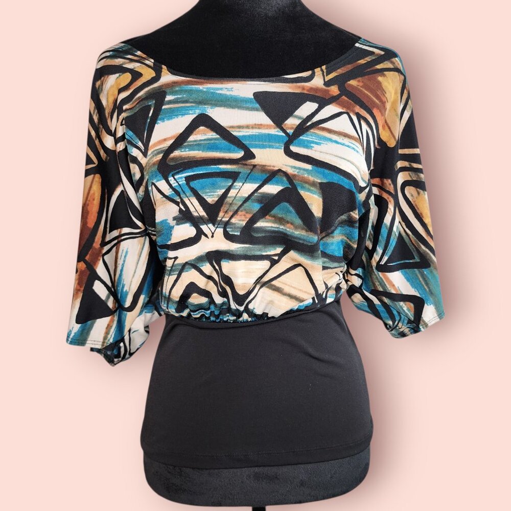 Y2K boat neck dolman sleeve abstract print boho top